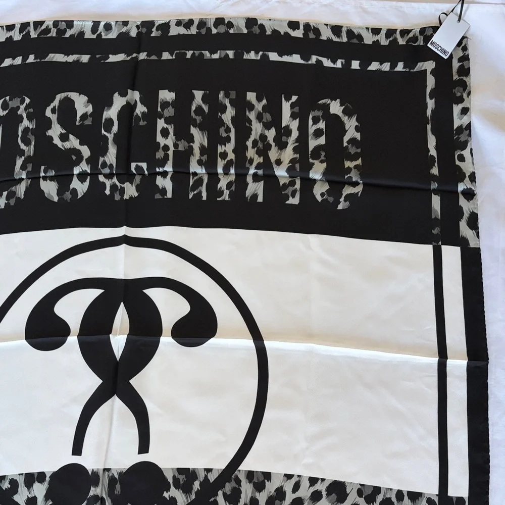Moschino Leopard Print Silk Scarf Black and White Square NWT